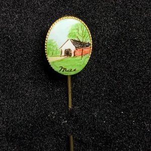 Vintage Gold Tone Hand Painted Covered Bridge Stick Pin Signed Mae (2156)